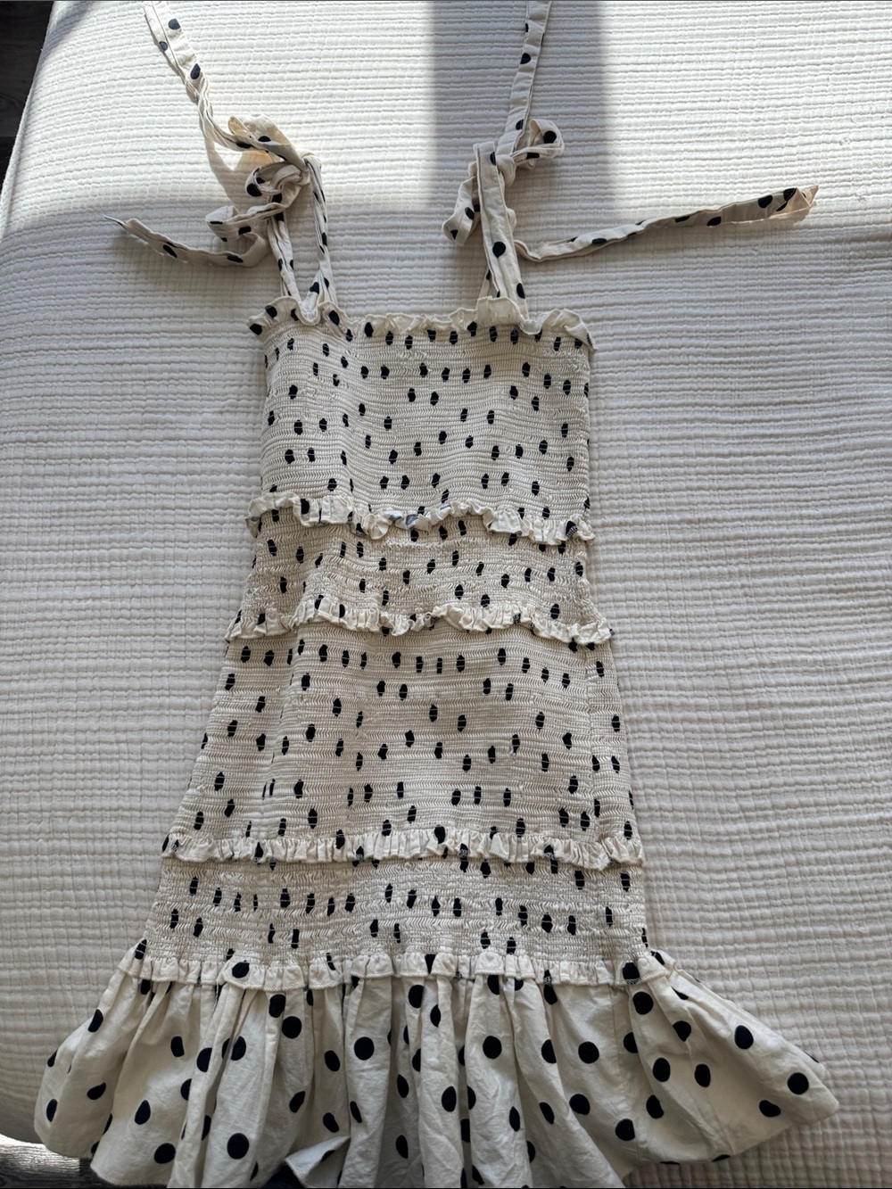 Cream and Black Polka Dot Smocked Ruffle Sundress